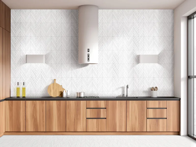 Minimalist White kitchen design featuring white wave-patterned wall tiles and natural wood cabinets